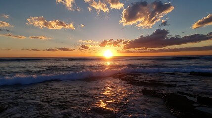 Poster - Stunning sunset over the ocean, with golden light reflecting on the water and waves gently breaking on the rocky shore.  The sky displays a vibrant mix of orange, pink, and purple hues : Generative AI