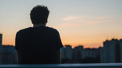Aufkleber - Silhouette of a man sitting on a rooftop, watching a vibrant sunset over a cityscape. The warm orange and pink hues of the twilight sky contrast beautifully with the dark silhouette of : Generative AI