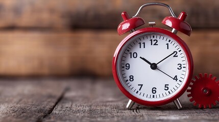 Aufkleber - Red alarm clock and gear on rustic wooden surface, time management concept image. : Generative AI