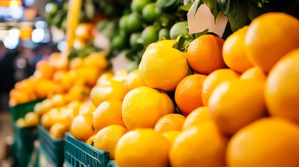 Poster - A vibrant display of fresh oranges and lemons at a bustling market, showcasing their bright yellow and orange hues, stacked neatly in green crates. : Generative AI