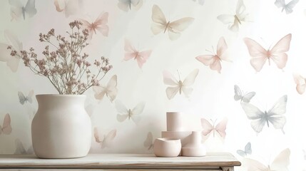 Poster - A calming butterfly wallpaper with soft, muted butterflies in gentle pastel tones.