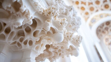 Poster - Intricate white marble column detail, showcasing ornate carvings and porous texture, set against a blurred background of a grand, ornate ceiling. : Generative AI