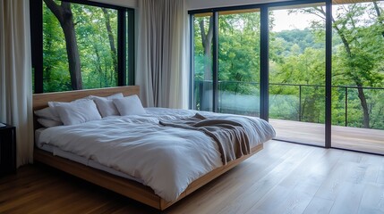 Aufkleber - Modern bedroom with a king-size bed, white linens, and large windows overlooking a lush green forest, offering a tranquil and serene atmosphere. : Generative AI