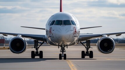 Poster - Close-up view of a modern passenger airplane on the tarmac, showcasing its sleek design and powerful engines. The aircraft is predominantly white with red accents, ready for takeoff or : Generative AI