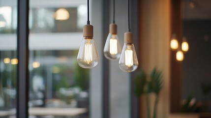Aufkleber - Three vintage-style pendant lights with warm, glowing filaments illuminate a modern interior space, creating a cozy and inviting atmosphere. : Generative AI