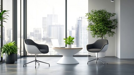 Poster - Modern office waiting area with two stylish chairs, a contemporary coffee table, and potted plants, overlooking a cityscape through large windows. : Generative AI