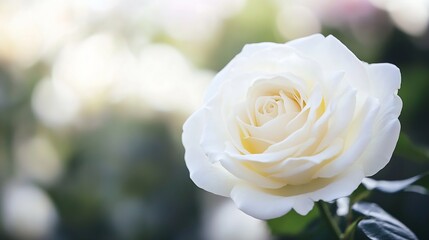 Aufkleber - Close-up of a single, creamy white rose, petals softly illuminated, blurred background of other roses and greenery, conveying serenity and elegance. : Generative AI