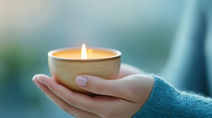 Aufkleber - Woman's hands gently hold a small, lit candle in a beige ceramic holder, creating a serene and peaceful atmosphere. : Generative AI