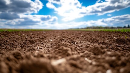 Poster - Close-up view of dark brown soil, freshly tilled field ready for planting, under a vibrant blue sky with fluffy white clouds.  A promising spring day for agriculture. : Generative AI