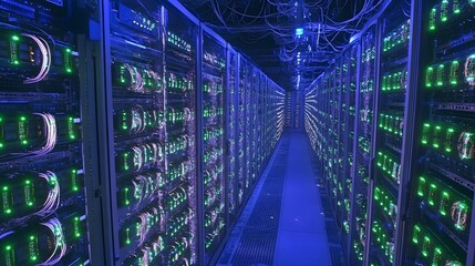Poster - Interior view of a large server farm data center.