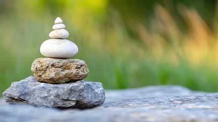 Fototapete - Serene Stack of White Stones Balanced on Grey Rock in a Green Natural Setting, Evoking Tranquility and Harmony. : Generative AI