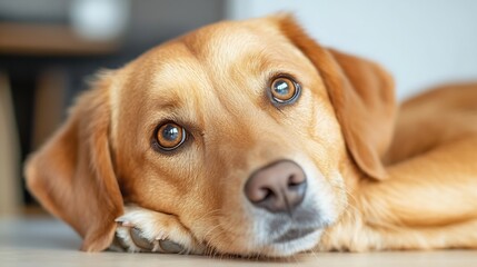 Poster - Close-up portrait of a sweet, golden-furred dog resting its head on its paws, showing its expressive brown eyes and a gentle expression. : Generative AI