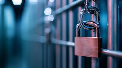 Poster - Close-up view of a sturdy padlock secured to a metal chain, hanging on a metallic grid fence, bathed in cool blue light, creating a mood of security and mystery. : Generative AI