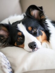 Poster - Adorable tri-color Australian Shepherd puppy resting its head on a soft, white pillow, showcasing its beautiful eyes and fluffy fur. : Generative AI