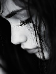Poster - Close-up monochrome portrait of a young woman, her face partially obscured by dark hair, conveying a mood of pensiveness or sadness. : Generative AI