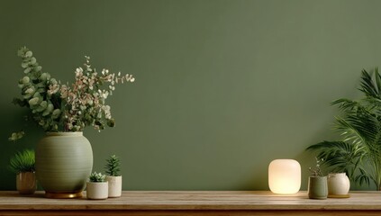 Poster - Minimalist green interior with potted plants and a glowing lamp on a wooden surface against a soft green wall.