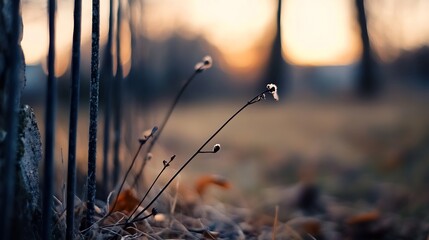 Aufkleber - Silhouetted winter plant stems against a blurred sunset backdrop, showcasing delicate seed heads and slender branches. : Generative AI