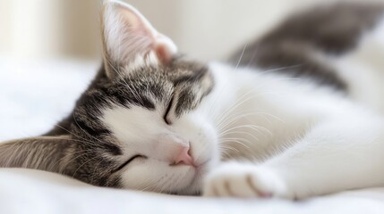 Poster - A cute tabby kitten sleeps peacefully on a white bed, its eyes closed and paws tucked in. Soft, fluffy fur and delicate features are visible in this close-up shot. : Generative AI