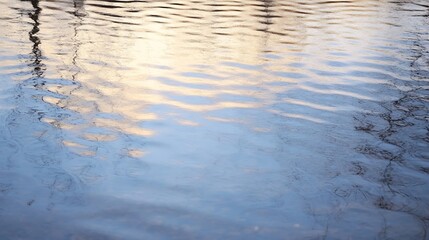 Poster - Abstract Water Surface Texture: Ripples and Reflections of Trees and Sky at Sunset, Showing Soft Blue and Golden Hues : Generative AI