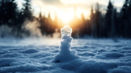 Poster - A small snow formation stands in a snowy field, backlit by a vibrant sunset, with a blurred forest background creating a serene winter scene. : Generative AI