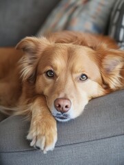 Poster - Adorable golden retriever dog resting its head and paws on a gray couch, showing calm and peaceful expression.  Its fur is soft and light brown, eyes are alert and gentle. : Generative AI