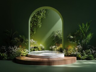 Poster - A round marble platform is framed by an arched doorway, surrounded by lush green plants and bathed in natural light.