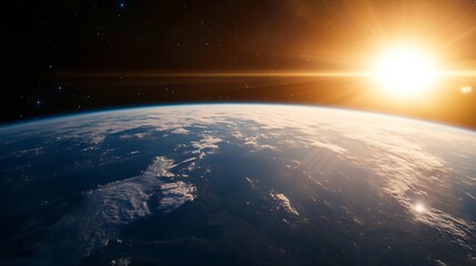 Poster - Stunning sunrise over Earth seen from space, showcasing vibrant orange hues and detailed cloud formations against the backdrop of a dark, starry sky.  The sun's rays illuminate the pla : Generative AI
