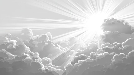 Fototapete - A clean and sharp vector of sun rays breaking through a cloudy sky, each beam highlighted with gradient shading for a realistic look.
