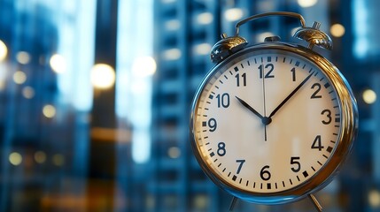 Aufkleber - A classic chrome alarm clock hangs against a blurred cityscape backdrop at twilight, suggesting themes of time management, urban life, and deadlines. : Generative AI