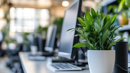 Aufkleber - Modern office workspace with a vibrant green plant in a white pot, positioned on a desk near computer monitors and keyboards, creating a calming and productive atmosphere. : Generative AI
