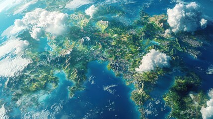Poster - A close-up map of Earth from space, with intricate details of forests, mountains, and urban areas, all surrounded by vast blue oceans and dynamic cloud patterns