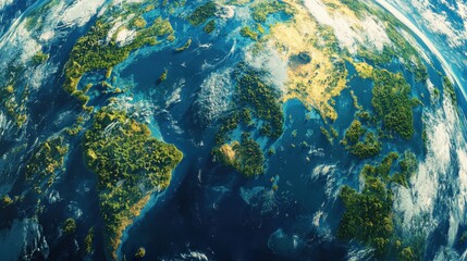Poster - A close-up map of Earth from space, with intricate details of forests, mountains, and urban areas, all surrounded by vast blue oceans and dynamic cloud patterns