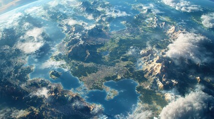 Poster - A close-up map of Earth from space, with intricate details of forests, mountains, and urban areas, all surrounded by vast blue oceans and dynamic cloud patterns