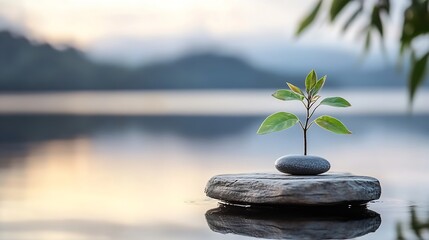Poster - Serene sunrise scene featuring a small plant sprouting on a grey stone, nestled gently on a larger rock floating on calm water with a blurred mountain backdrop. : Generative AI
