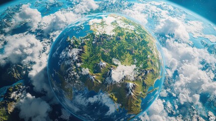 Poster - A close-up map of Earth from space, with intricate details of forests, mountains, and urban areas, all surrounded by vast blue oceans and dynamic cloud patterns