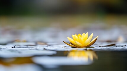 Aufkleber - Single yellow water lily blossom floats serenely on calm pond water, reflecting its beauty in the still surface, surrounded by lily pads and subtle ripples. : Generative AI