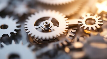 Fototapete - Close-up view of intricate metal gears interlocked, showcasing precision engineering and mechanical complexity.  The image highlights the detailed craftsmanship and functionality of th : Generative AI
