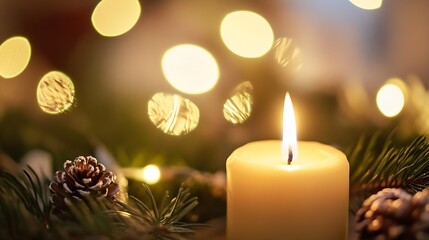Fototapete - A lit candle glows warmly amidst pine branches and pinecones, bokeh lights creating a festive, cozy ambiance perfect for winter holidays. : Generative AI
