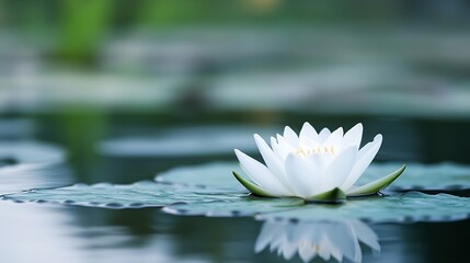 Aufkleber - Serene white water lily blossom floats gently on calm pond water, its reflection mirrored perfectly, creating a tranquil and peaceful scene. : Generative AI