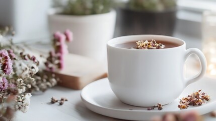 Leinwandbilder - A serene morning scene featuring a white teacup filled with herbal tea, accompanied by dried flowers and a wooden board, creating a calming and peaceful atmosphere. : Generative AI