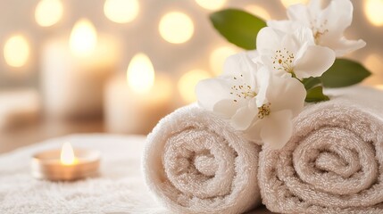 Aufkleber - Spa treatment concept: rolled beige towels, delicate white flowers, and soft candlelight create a serene and relaxing atmosphere. : Generative AI