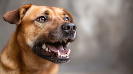 Aufkleber - Close-up portrait of a happy, brown dog with its mouth open, showing healthy teeth and a playful expression against a blurred grey background. : Generative AI