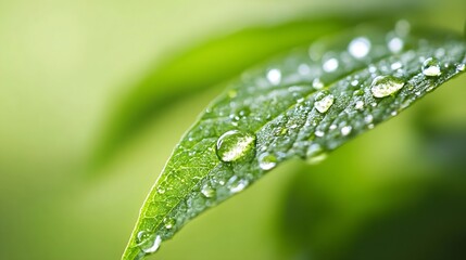 Aufkleber - Close-up of a vibrant green leaf glistening with morning dew, showcasing the intricate details of its surface and the reflective quality of the water droplets. : Generative AI
