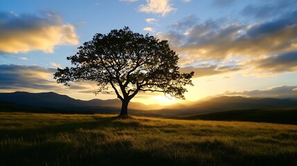 Poster - Silhouette of a solitary oak tree standing in a vast grassy field at sunset, with a majestic mountain range in the background under a vibrant, colorful sky. : Generative AI