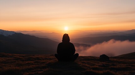 Fototapete - Silhouette of a person in a hooded jacket sitting on a mountaintop, watching a vibrant sunset over a vast, layered mountain range. : Generative AI