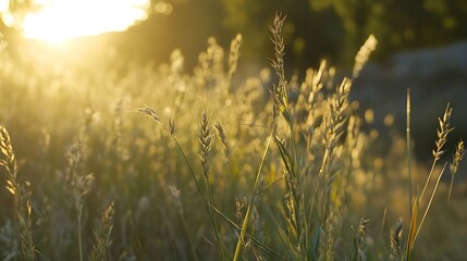 Fototapete - Golden hour sunlight illuminates tall grass blades, creating a warm, hazy, and peaceful atmosphere in a natural field setting. : Generative AI