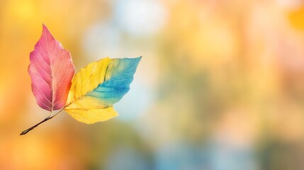 Fototapete - Two autumn leaves, one pink and one yellow-blue, gracefully float against a blurred, warm-toned background, evoking a sense of serenity and the beauty of nature's colorful transitions. : Generative AI