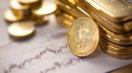Leinwandbilder - Close-up of a bitcoin cryptocurrency coin resting on a financial chart alongside stacks of gold coins and bars, symbolizing digital currency and investment. : Generative AI