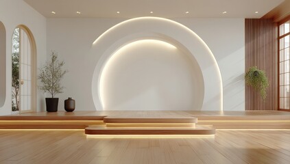 Poster - A minimalistic modern interior with a circular illuminated feature, wooden flooring, and potted plants, creating a serene and elegant atmosphere.