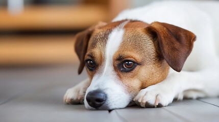 Poster - A young jack russell terrier dog rests its head on a gray floor, its brown and white fur contrasting against the muted background.  The dog's expressive eyes convey a sense of calm con : Generative AI